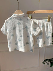 2pcs Boys Palm Print Muslin Shirt & Shorts Set - Ecru