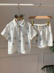 2pcs Boys Palm Print Muslin Shirt & Shorts Set - Ecru