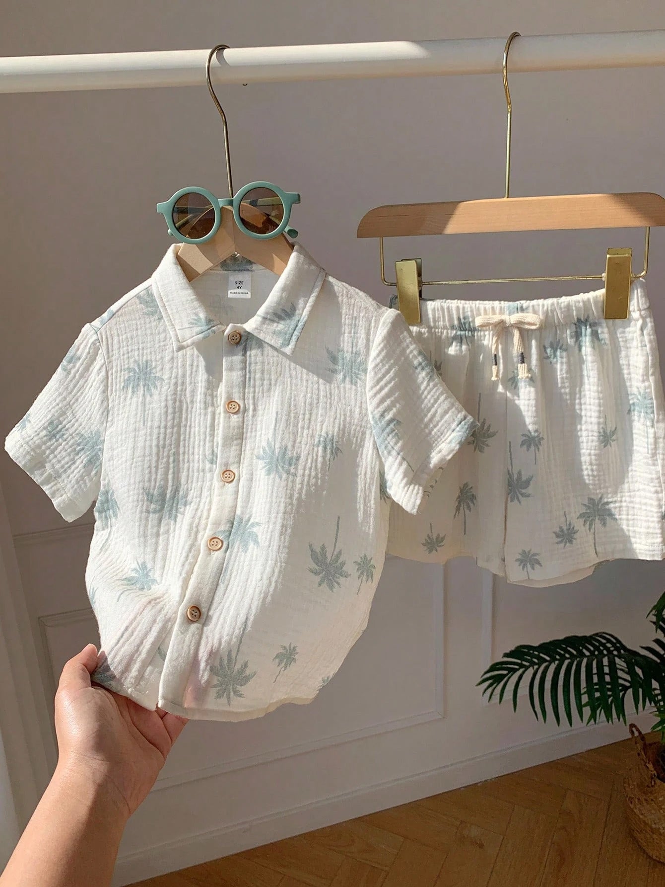 2pcs Boys Palm Print Muslin Shirt & Shorts Set - Ecru