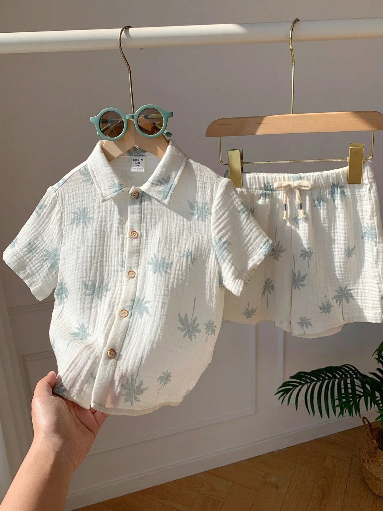 2pcs Boys Palm Print Muslin Shirt & Shorts Set - Ecru
