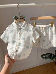 2pcs Boys Palm Print Muslin Shirt & Shorts Set - Ecru