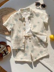 2pcs Boys Palm Print Muslin Shirt & Shorts Set - Ecru