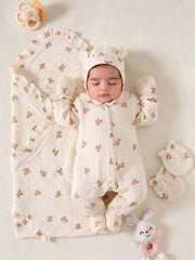 3pcs Baby Boys Bear Print Muslin Footed Romper Set - Ecru | 21 Cent...
