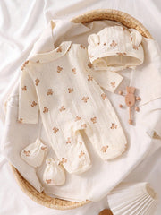 3pcs Baby Boys Bear Print Muslin Footed Romper Set - Ecru | 21 Cent...