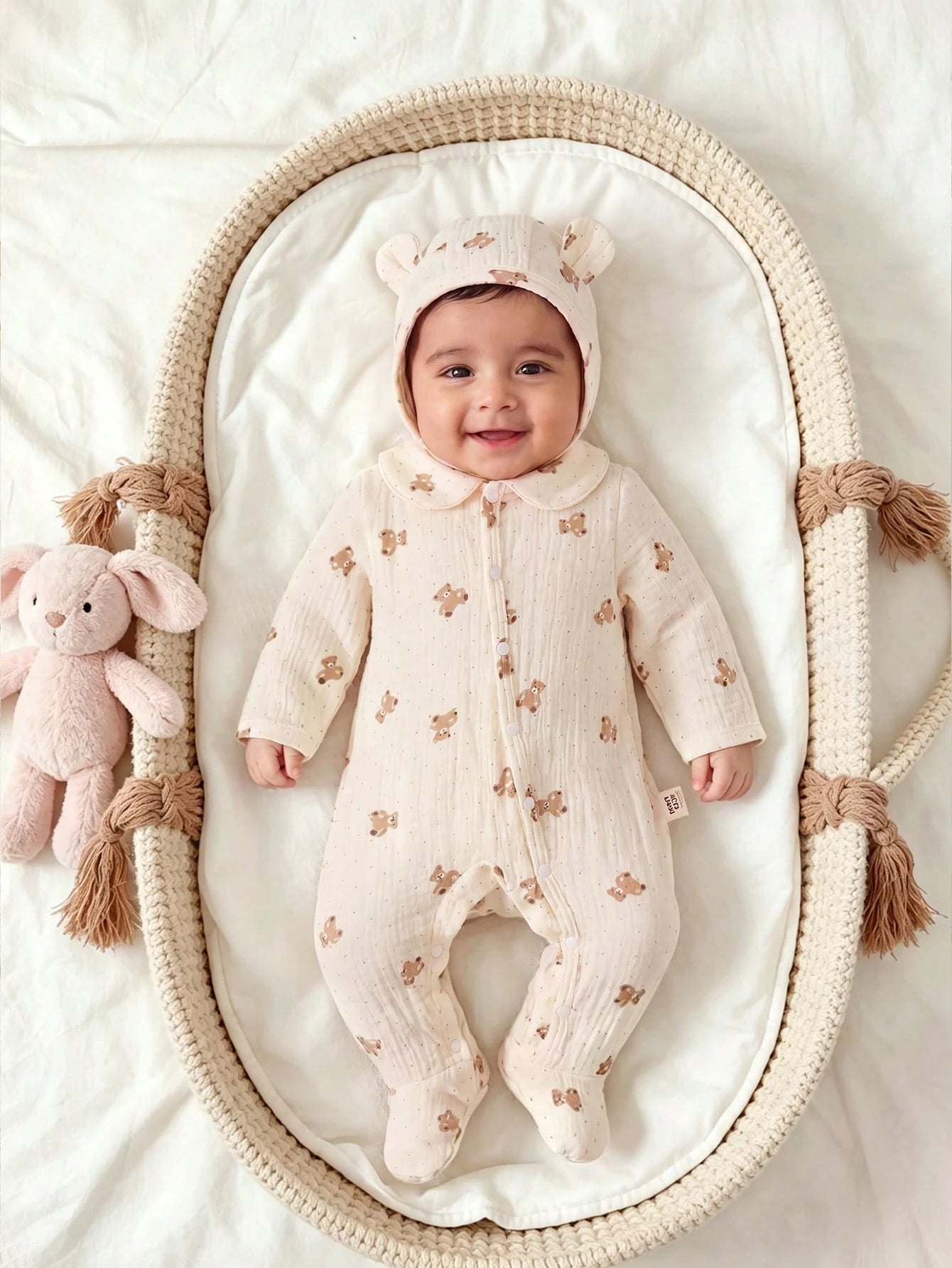 3pcs Baby Boys Bear Print Muslin Footed Romper Set - Ecru | 21 Cent...