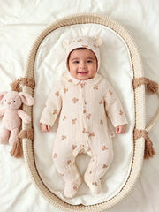 3pcs Baby Boys Bear Print Muslin Footed Romper Set - Ecru | 21 Cent...