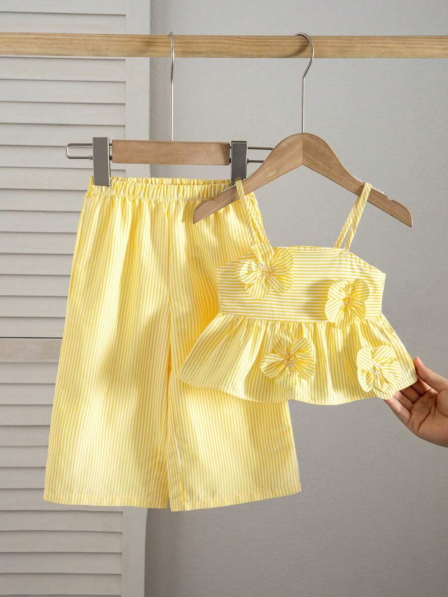 2pcs Girls Striped 3D Floral Camisole & Wide-Leg Pants Set - Butter...