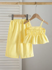 2pcs Girls Striped 3D Floral Camisole & Wide-Leg Pants Set - Butter...