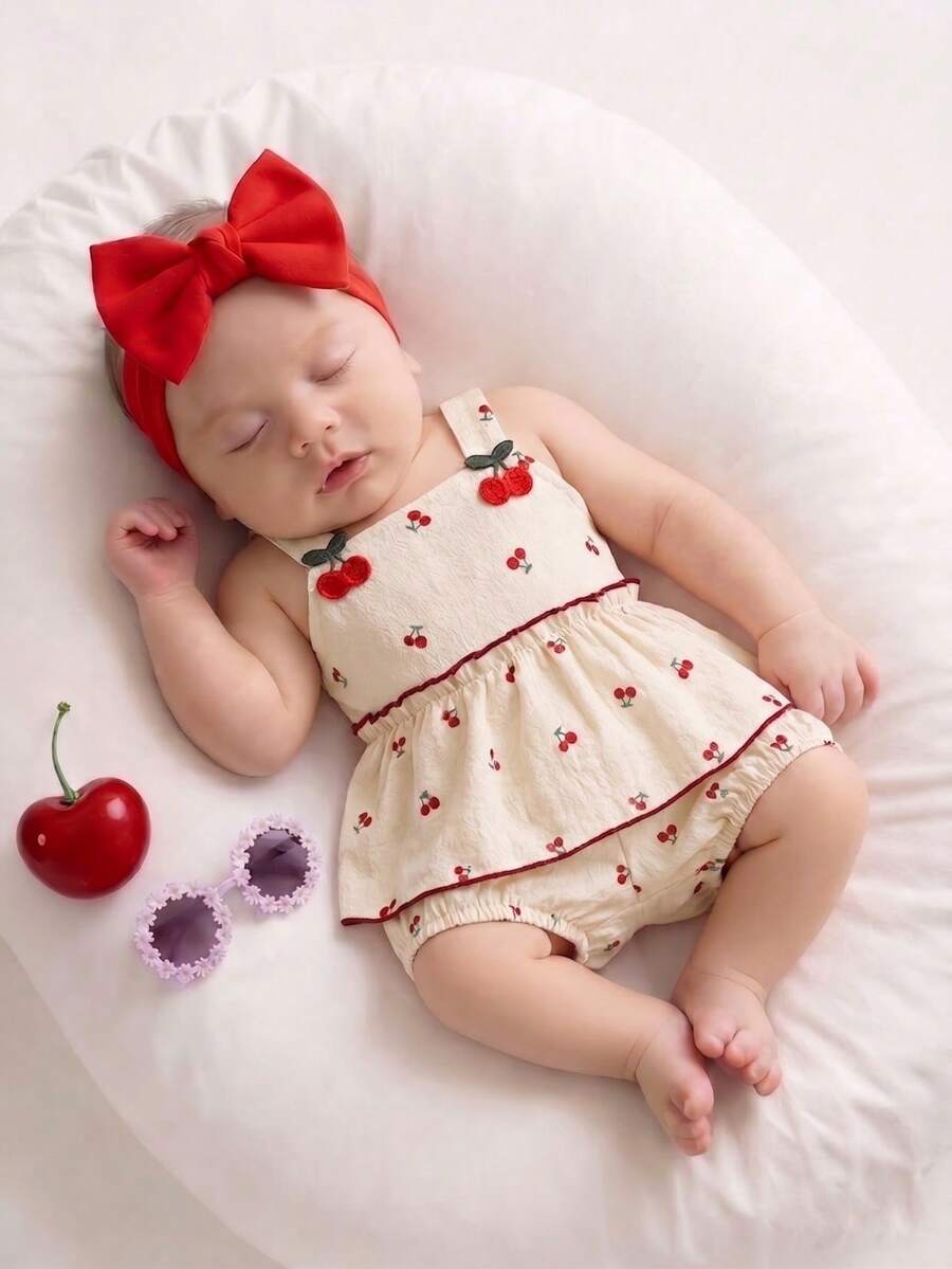 2pcs Baby Girls Cherry Embroidered Cami Top & Bloomer Shorts Set - ...