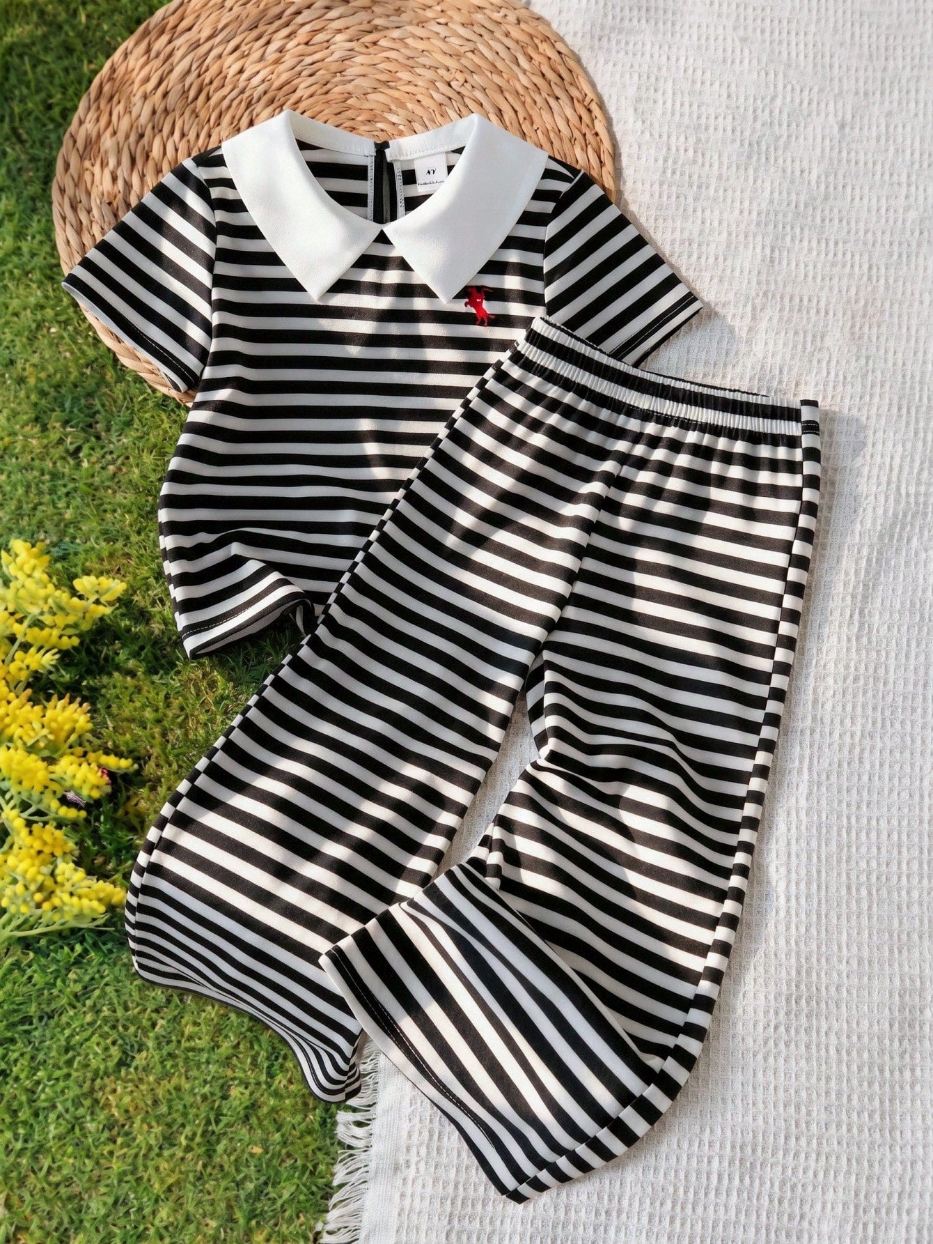 2pcs Girls Striped Peter Pan Collar Top & Wide-Leg Pants Set - Onyx...