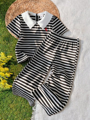 2pcs Girls Striped Peter Pan Collar Top & Wide-Leg Pants Set - Onyx...