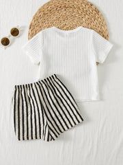 2pcs Boys Waffle Knit Tee & Striped Shorts Set - Ivory | 21 Century...