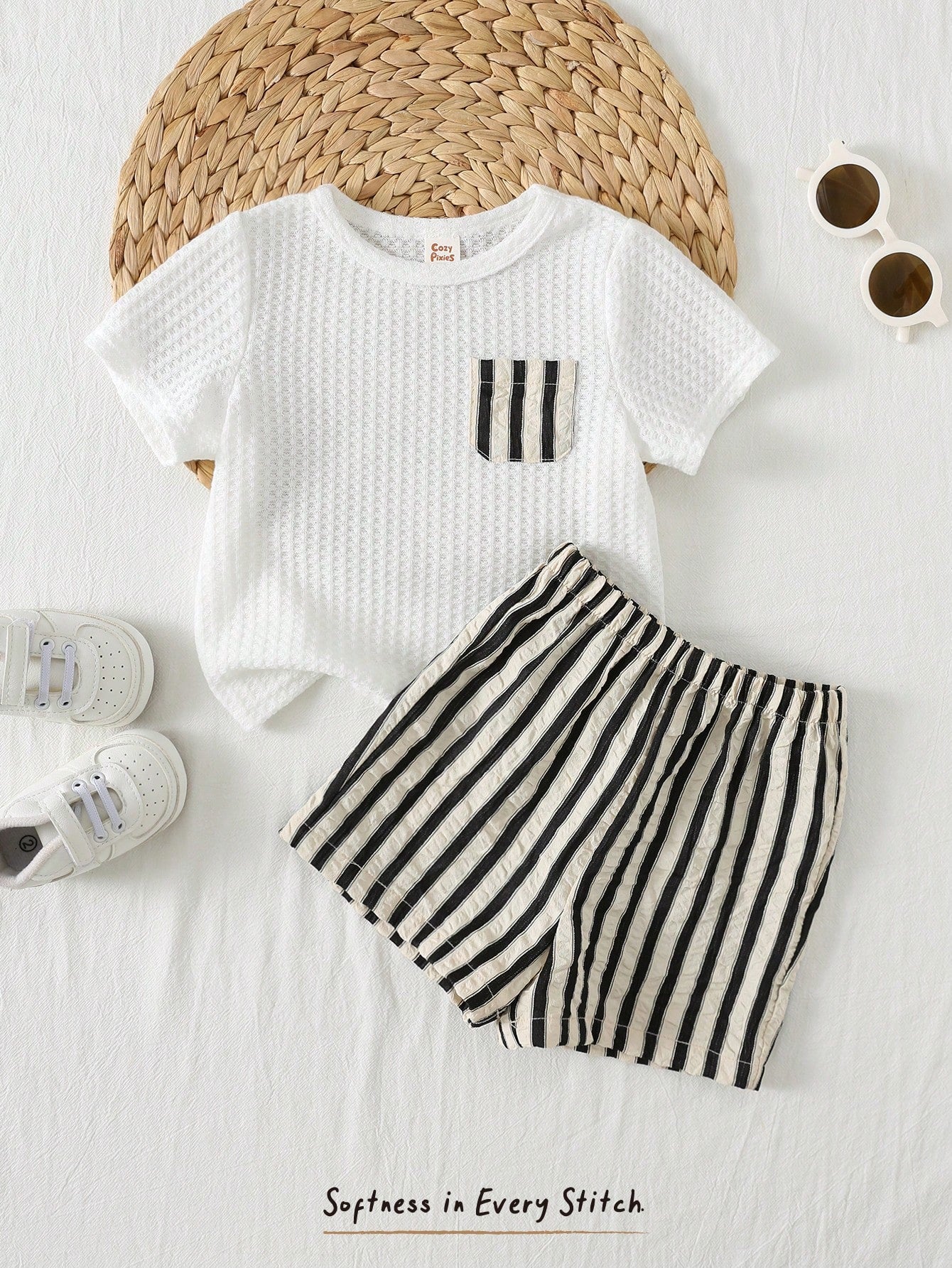 2pcs Boys Waffle Knit Tee & Striped Shorts Set - Ivory | 21 Century...