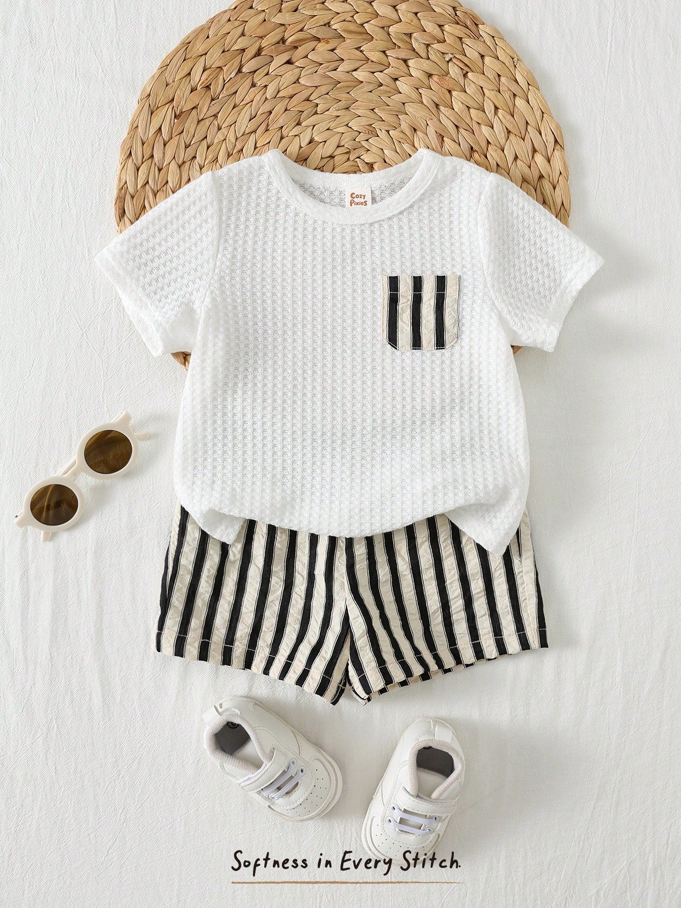 2pcs Boys Waffle Knit Tee & Striped Shorts Set - Ivory | 21 Century...