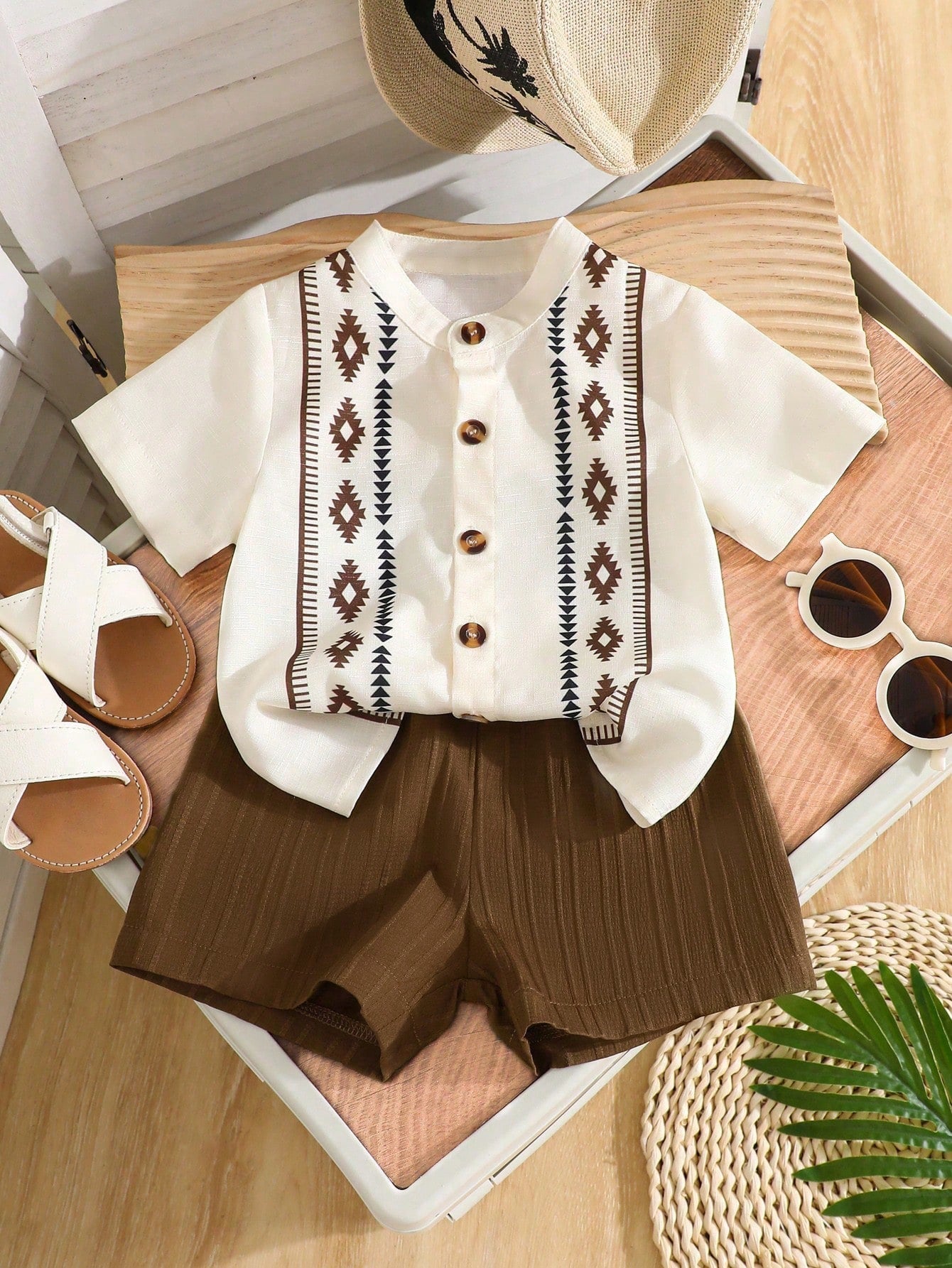 Baby Boys Aztec Print Button-Front Shirt & Shorts Set - Ivory