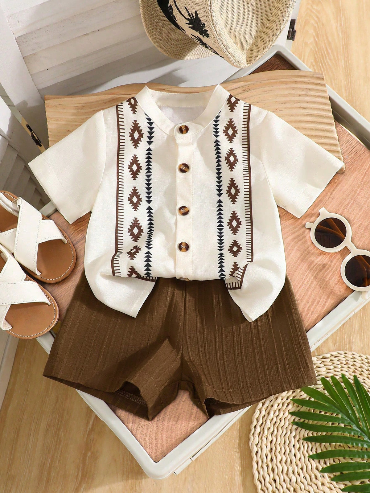Baby Boys Aztec Print Button-Front Shirt & Shorts Set - Ivory