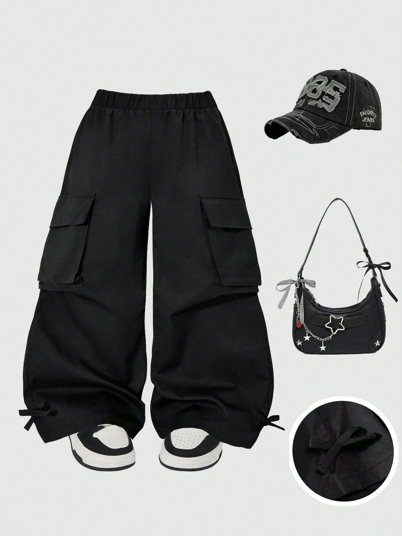 Girls Wide-Leg Cargo Pocket Parachute Trousers - Onyx