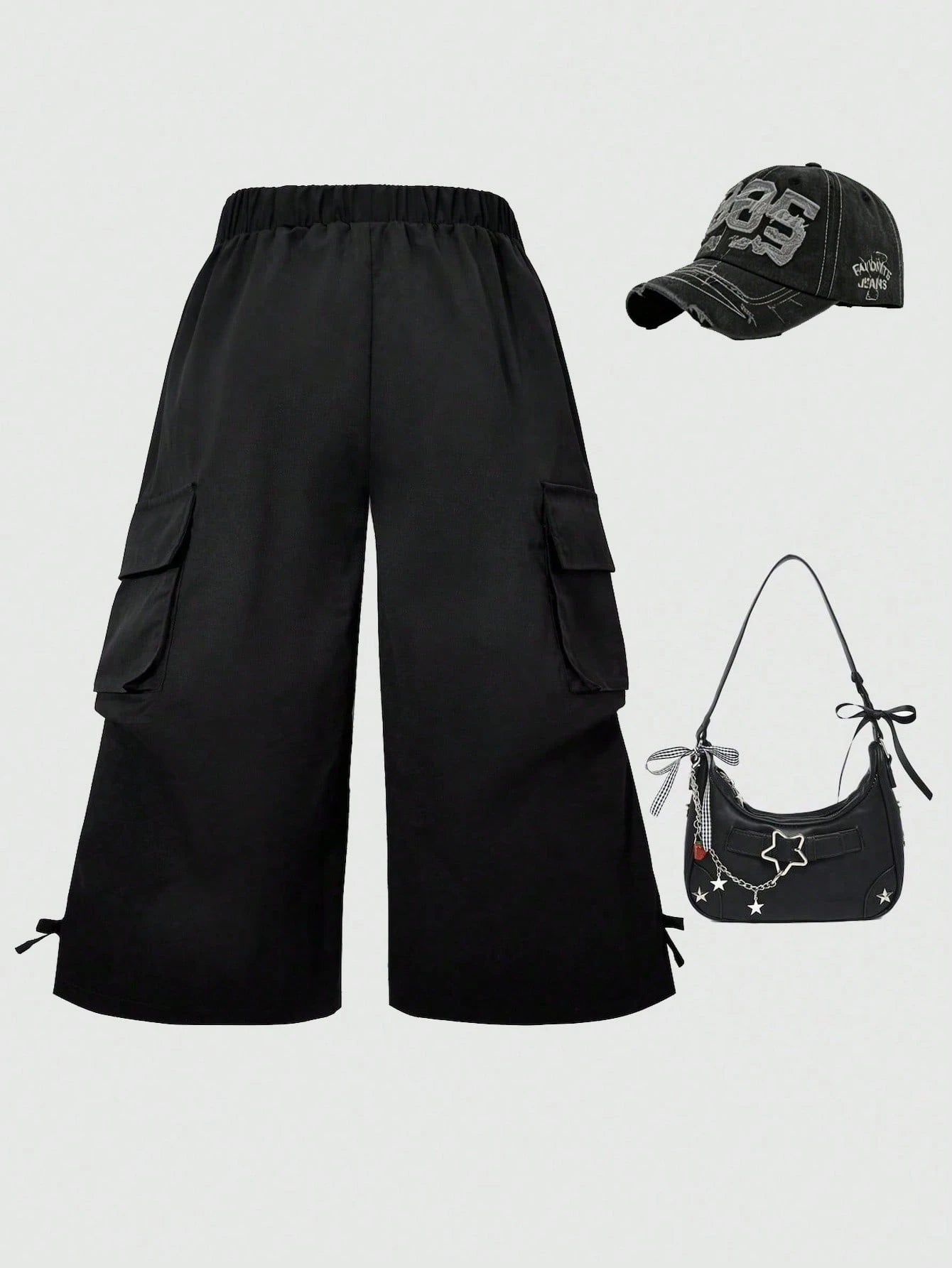 Girls Wide-Leg Cargo Pocket Parachute Trousers - Onyx