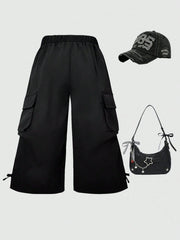 Girls Wide-Leg Cargo Pocket Parachute Trousers - Onyx