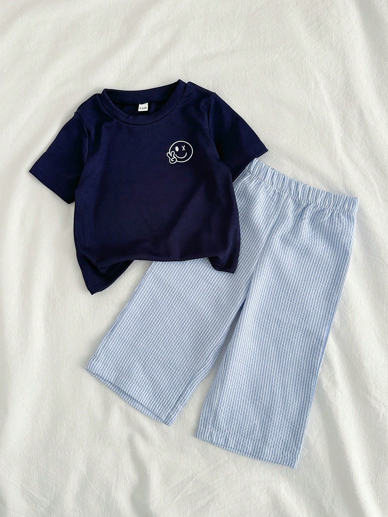 2pcs Boys Smiley Face Ribbed Tee & Seersucker Pants Set - Midnight ...