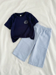 2pcs Boys Smiley Face Ribbed Tee & Seersucker Pants Set - Midnight ...
