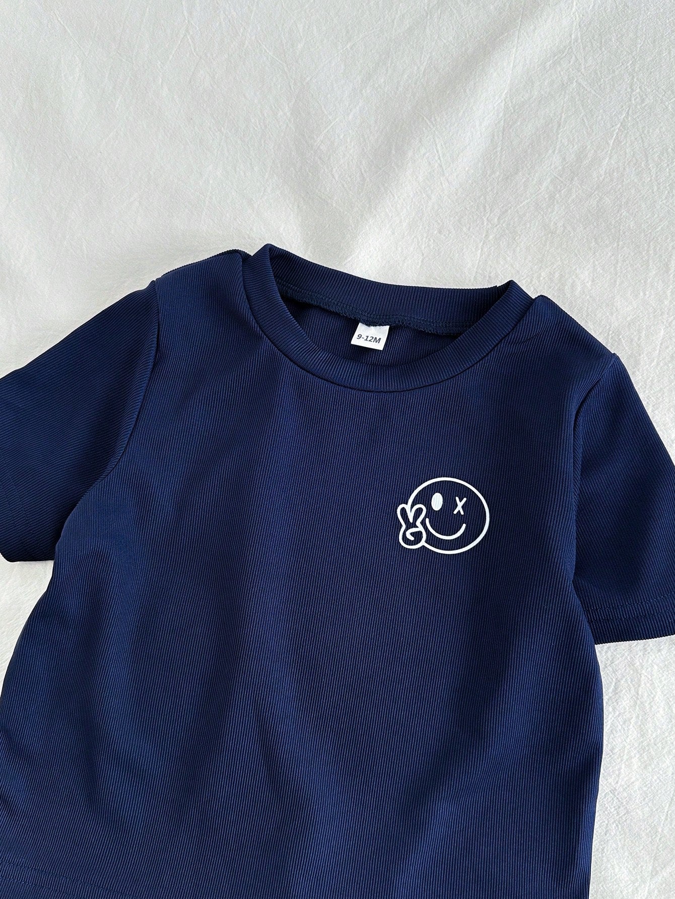 2pcs Boys Smiley Face Ribbed Tee & Seersucker Pants Set - Midnight ...