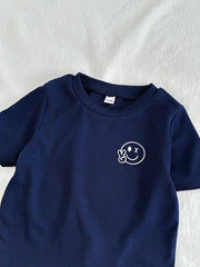 2pcs Boys Smiley Face Ribbed Tee & Seersucker Pants Set - Midnight ...