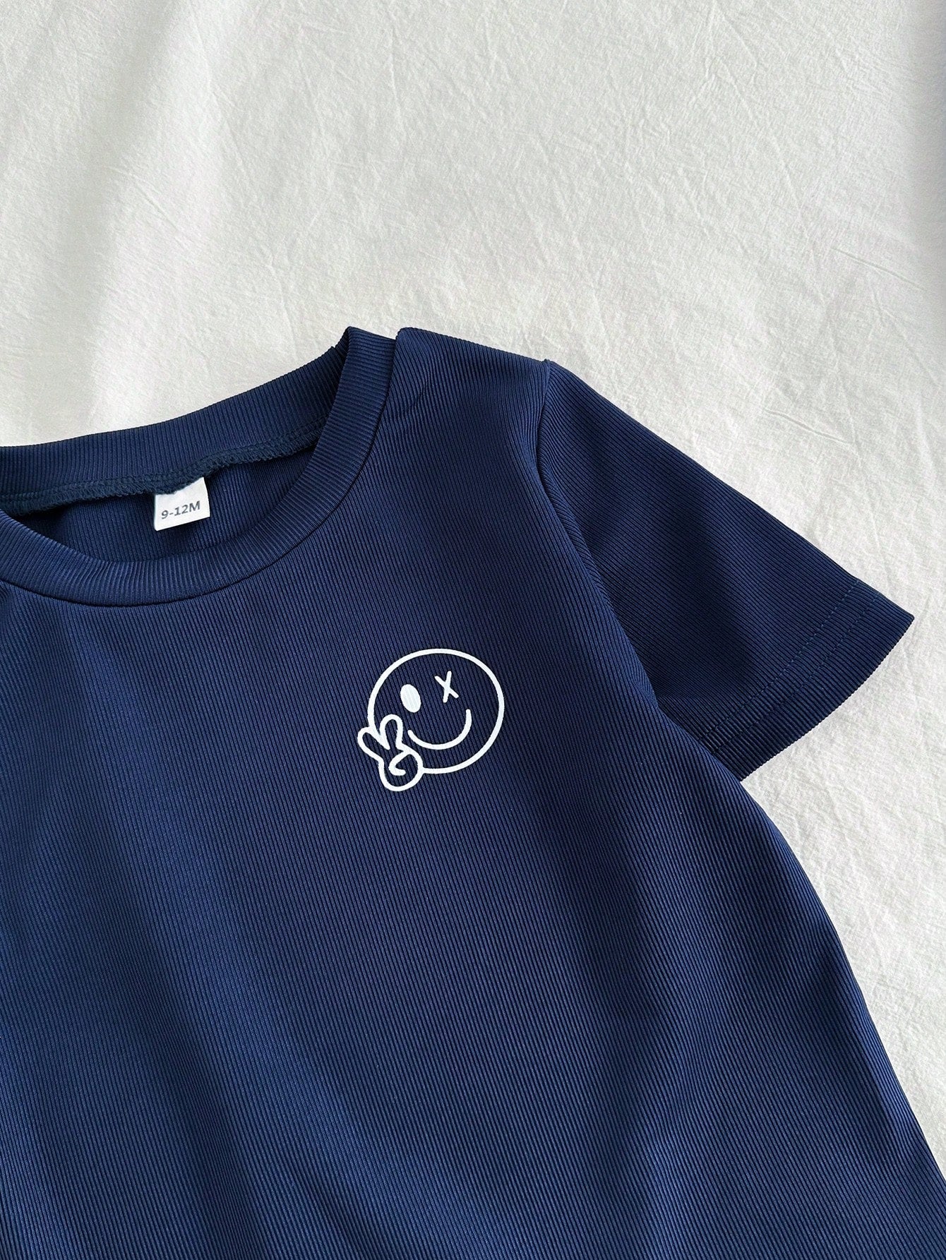 2pcs Boys Smiley Face Ribbed Tee & Seersucker Pants Set - Midnight ...
