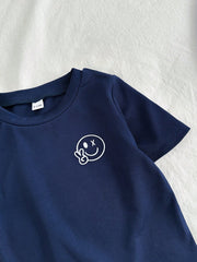 2pcs Boys Smiley Face Ribbed Tee & Seersucker Pants Set - Midnight ...