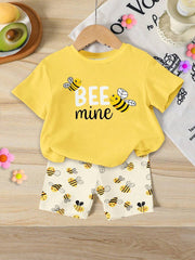 2pcs Girls Bee Graphic Tee & Allover Print Shorts Set - Buttercup
