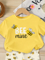 2pcs Girls Bee Graphic Tee & Allover Print Shorts Set - Buttercup
