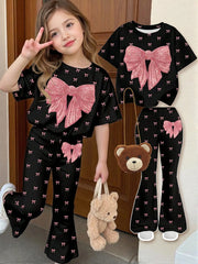 2pcs Little Girls Sequin Bow Print Top & Flare Pants Set - Onyx | 2...