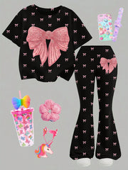 2pcs Little Girls Sequin Bow Print Top & Flare Pants Set - Onyx | 2...