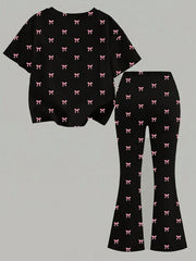 2pcs Little Girls Sequin Bow Print Top & Flare Pants Set - Onyx | 2...