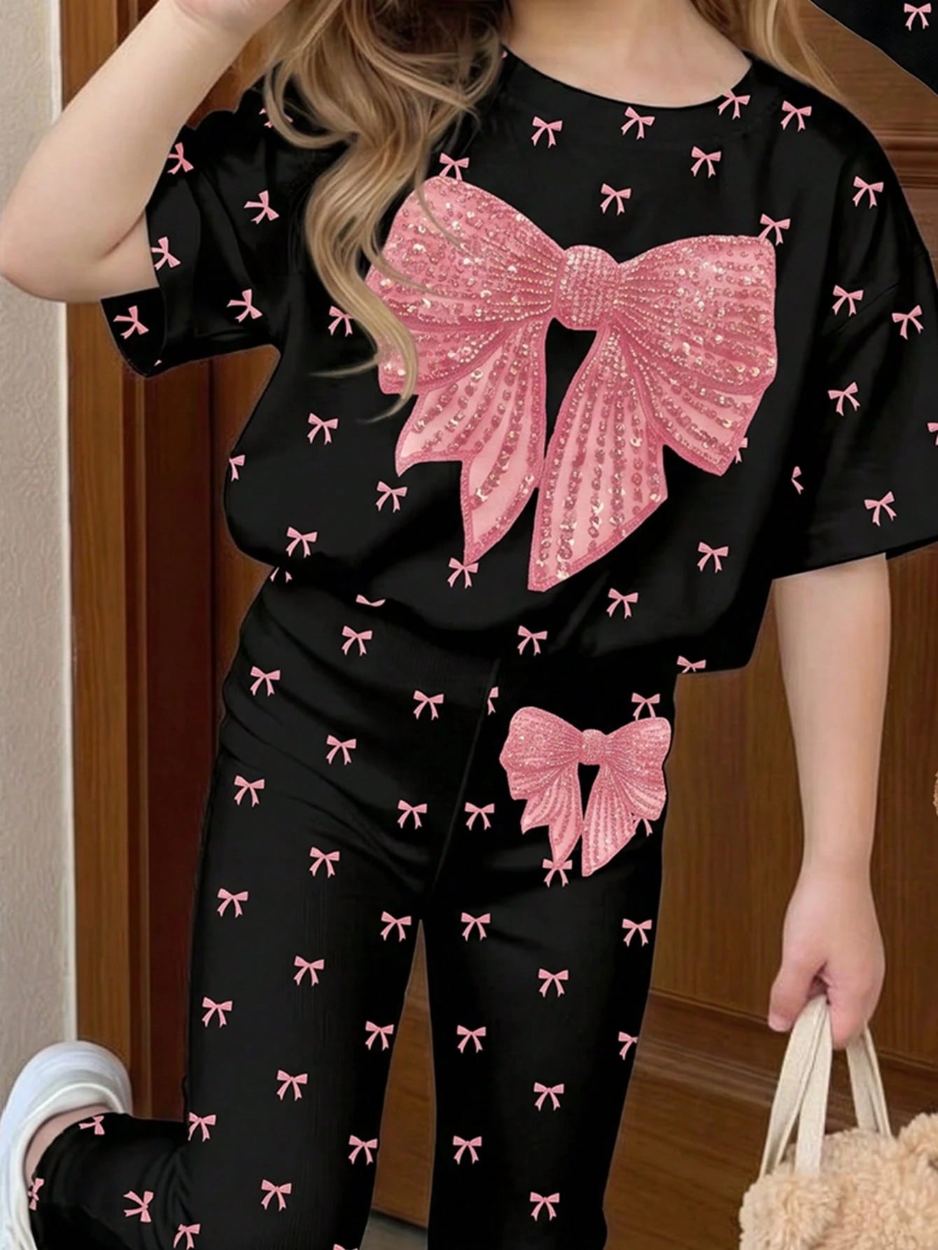 2pcs Little Girls Sequin Bow Print Top & Flare Pants Set - Onyx | 2...