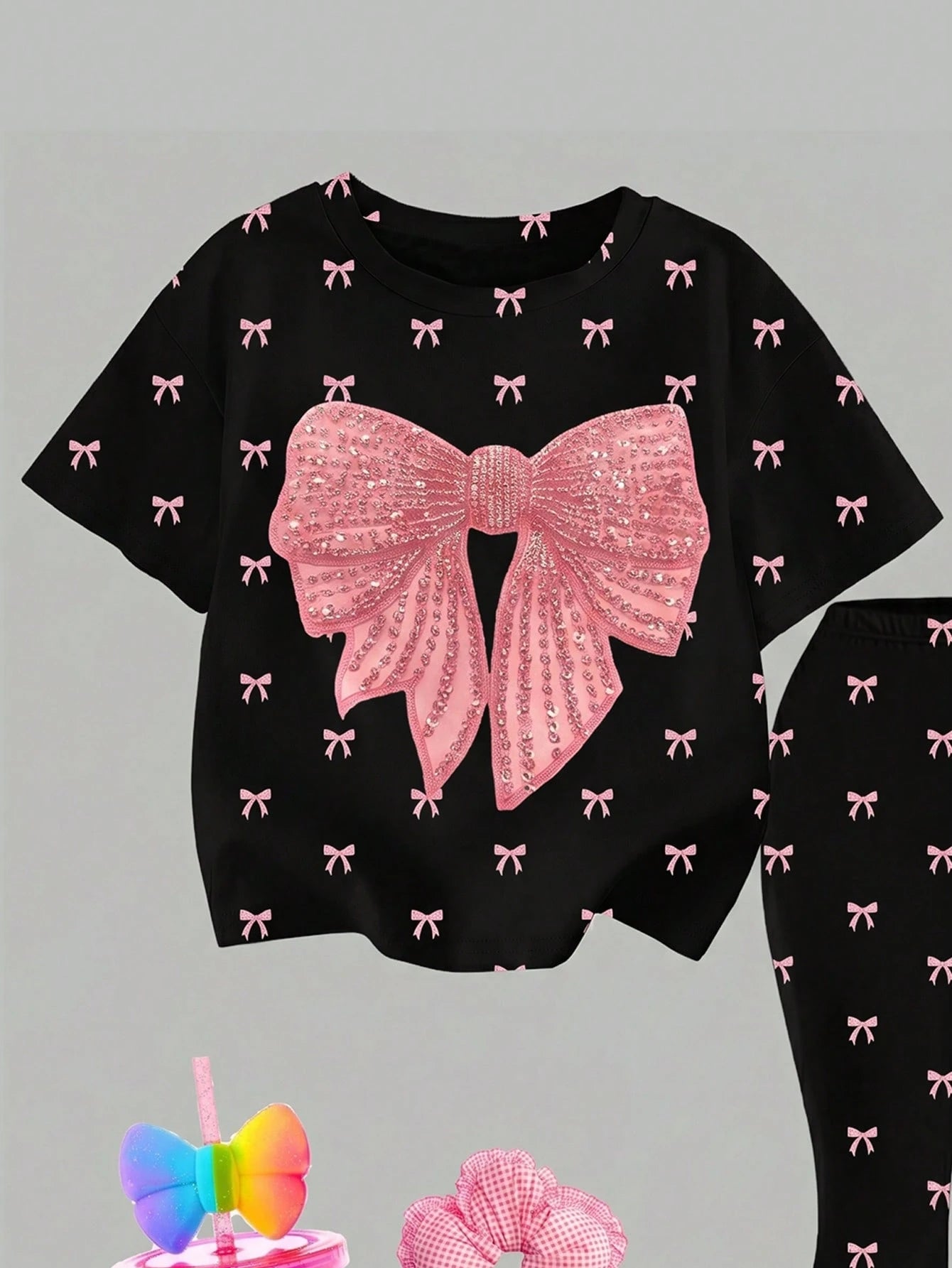 2pcs Little Girls Sequin Bow Print Top & Flare Pants Set - Onyx | 2...