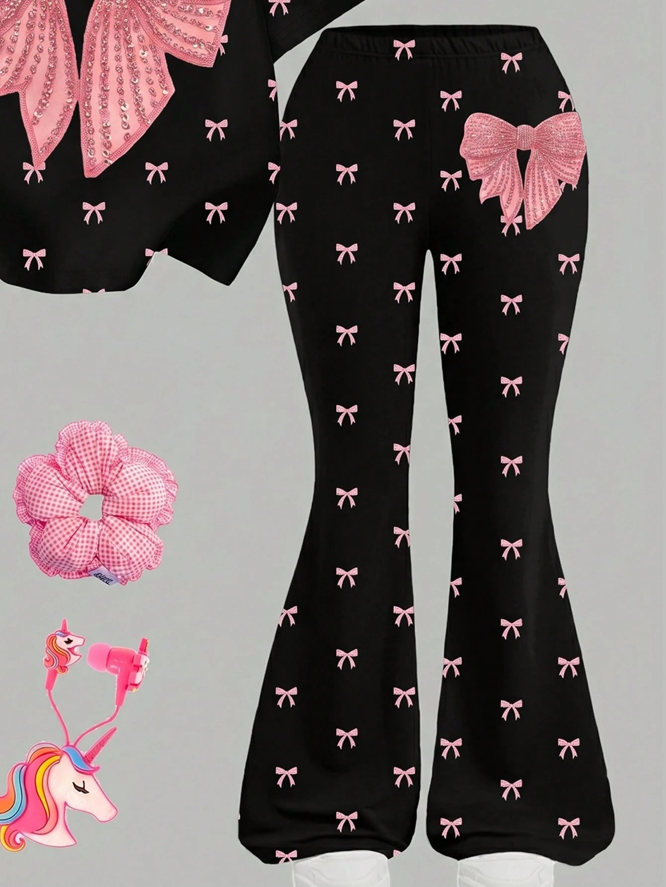 2pcs Little Girls Sequin Bow Print Top & Flare Pants Set - Onyx | 2...