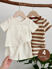 4pcs Boys Waffle Knit Bear Tee & Shorts Set - Ivory