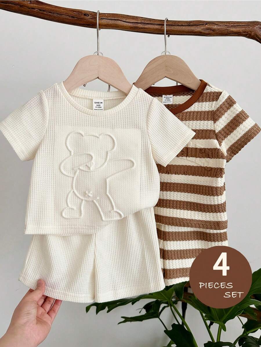 4pcs Boys Waffle Knit Bear Tee & Shorts Set - Ivory