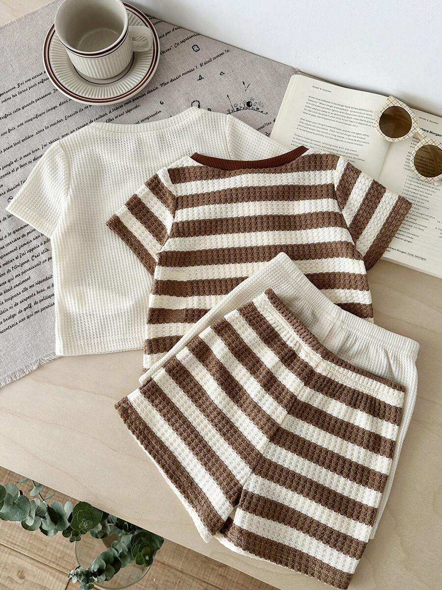 4pcs Boys Waffle Knit Bear Tee & Shorts Set - Ivory
