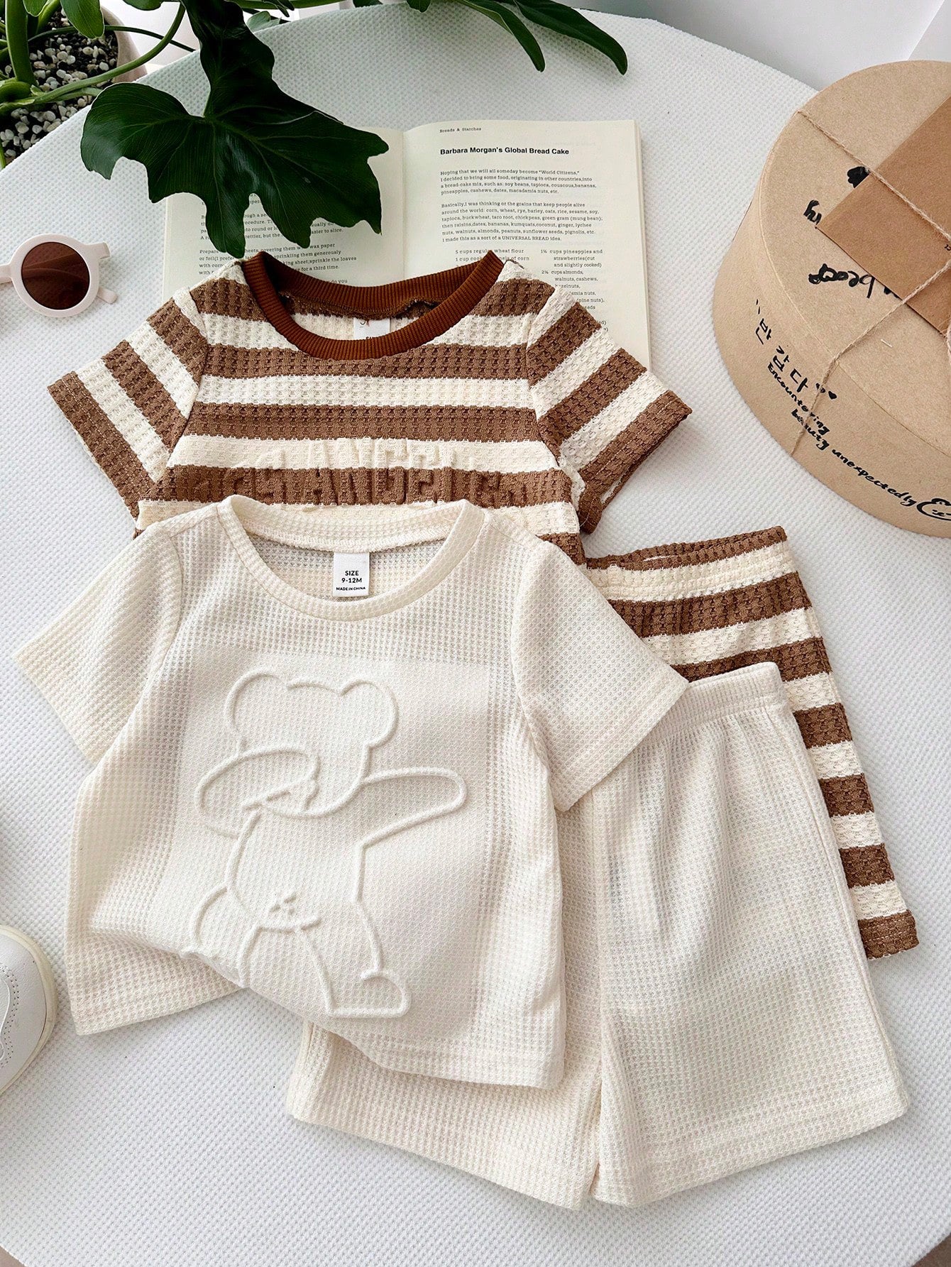 4pcs Boys Waffle Knit Bear Tee & Shorts Set - Ivory