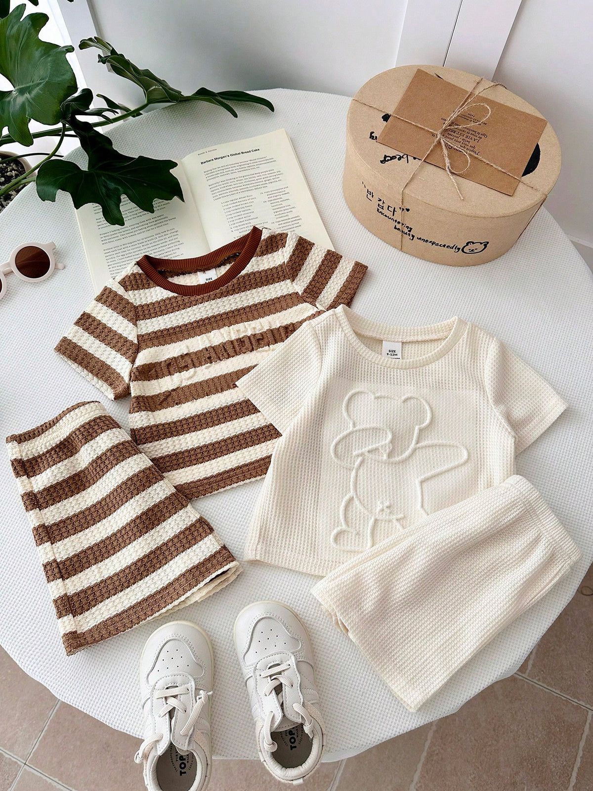 4pcs Boys Waffle Knit Bear Tee & Shorts Set - Ivory