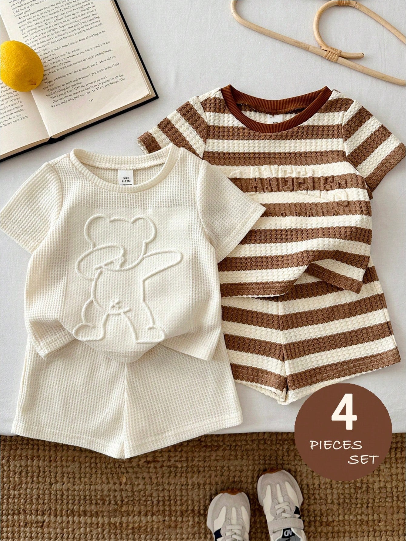 4pcs Boys Waffle Knit Bear Tee & Shorts Set - Ivory