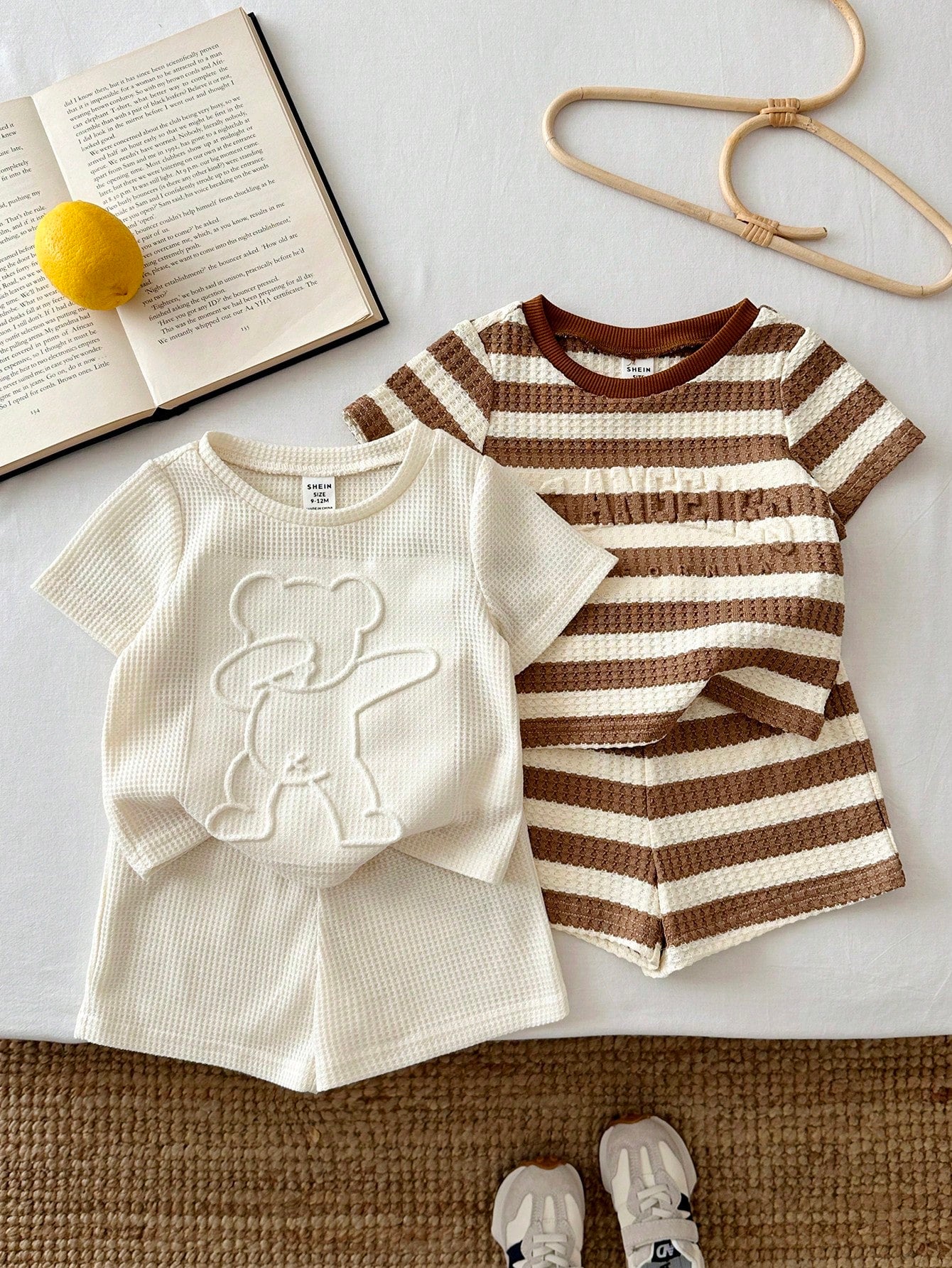 4pcs Boys Waffle Knit Bear Tee & Shorts Set - Ivory