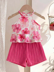 2pcs Girls Hibiscus Print Halter Top & Shorts Set - Isabelline