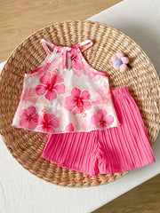 2pcs Girls Hibiscus Print Halter Top & Shorts Set - Isabelline