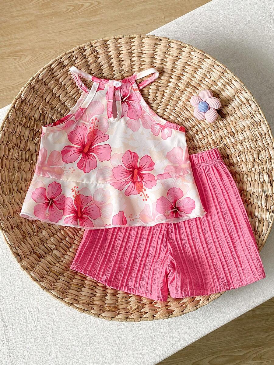 2pcs Girls Hibiscus Print Halter Top & Shorts Set - Isabelline