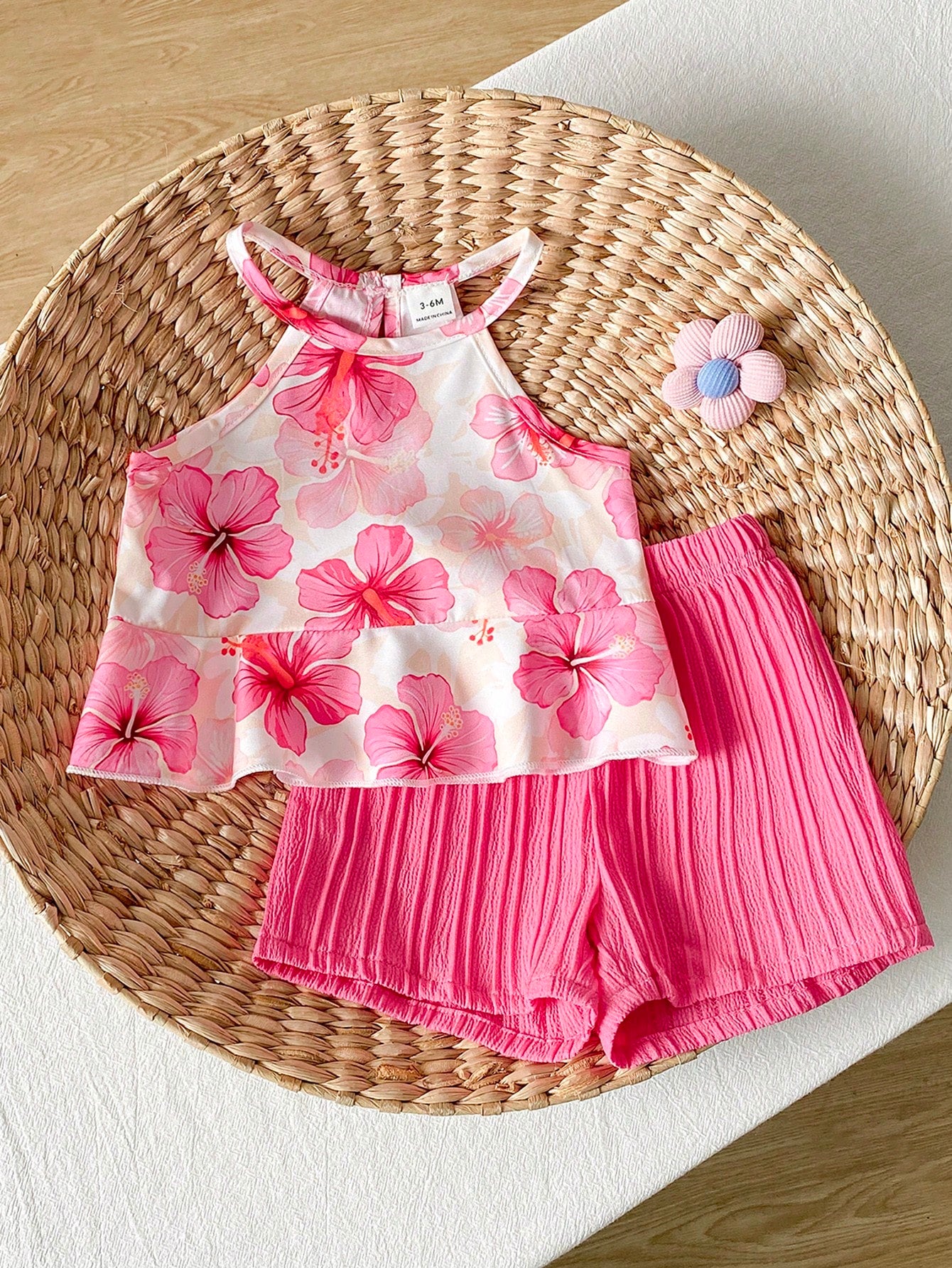2pcs Girls Hibiscus Print Halter Top & Shorts Set - Isabelline