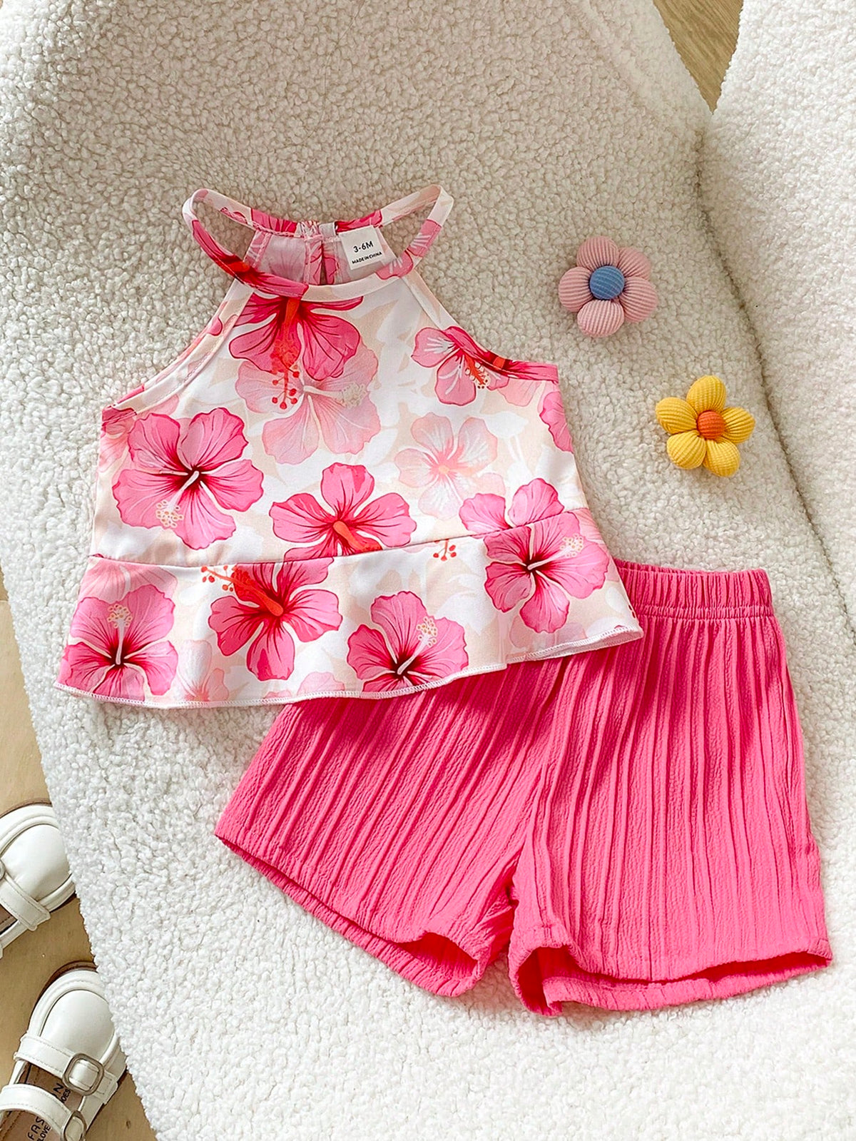 2pcs Girls Hibiscus Print Halter Top & Shorts Set - Isabelline