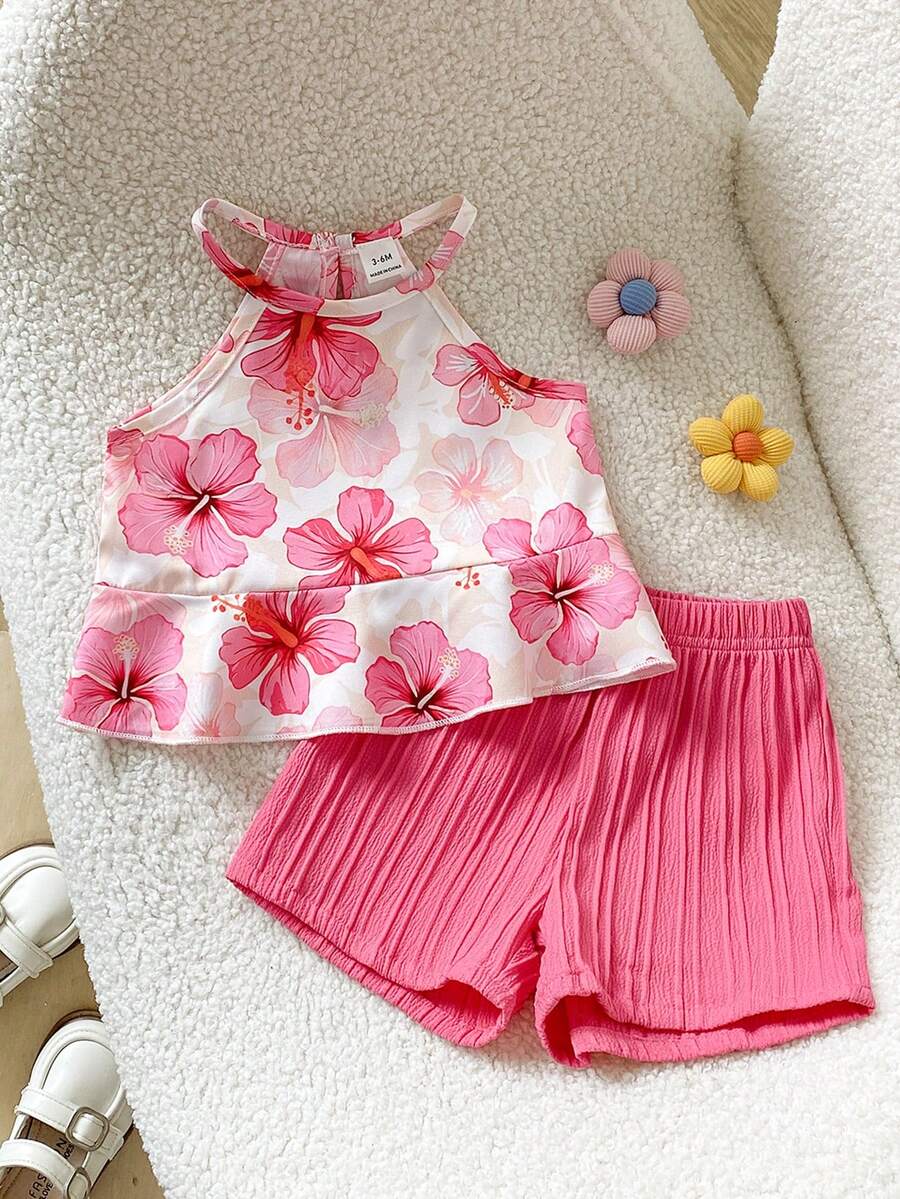 2pcs Girls Hibiscus Print Halter Top & Shorts Set - Isabelline